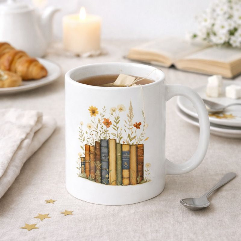 Caneca Literária “Livros & Flores” — Momento de Chá com Alma