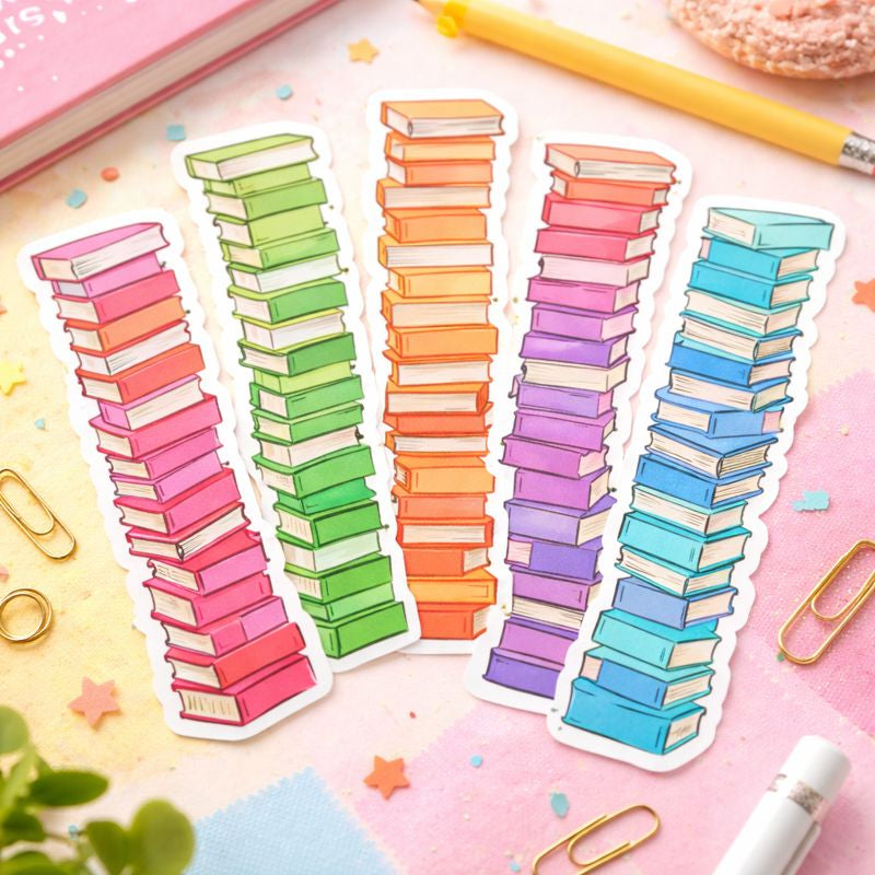 Separador de Livros — Pilhas de Livros em Tons Pastel