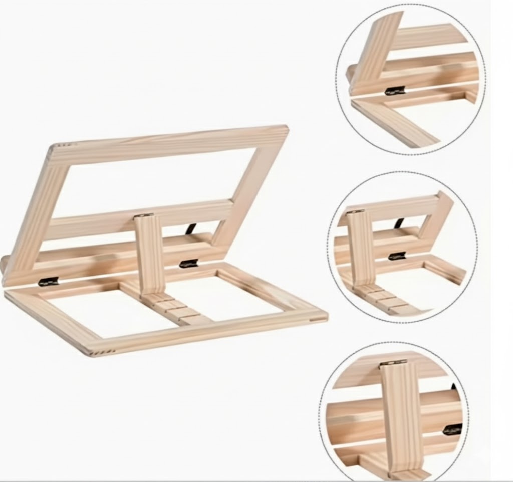Suporte de Leitura em Madeira Natural — Ajustável e Dobrável