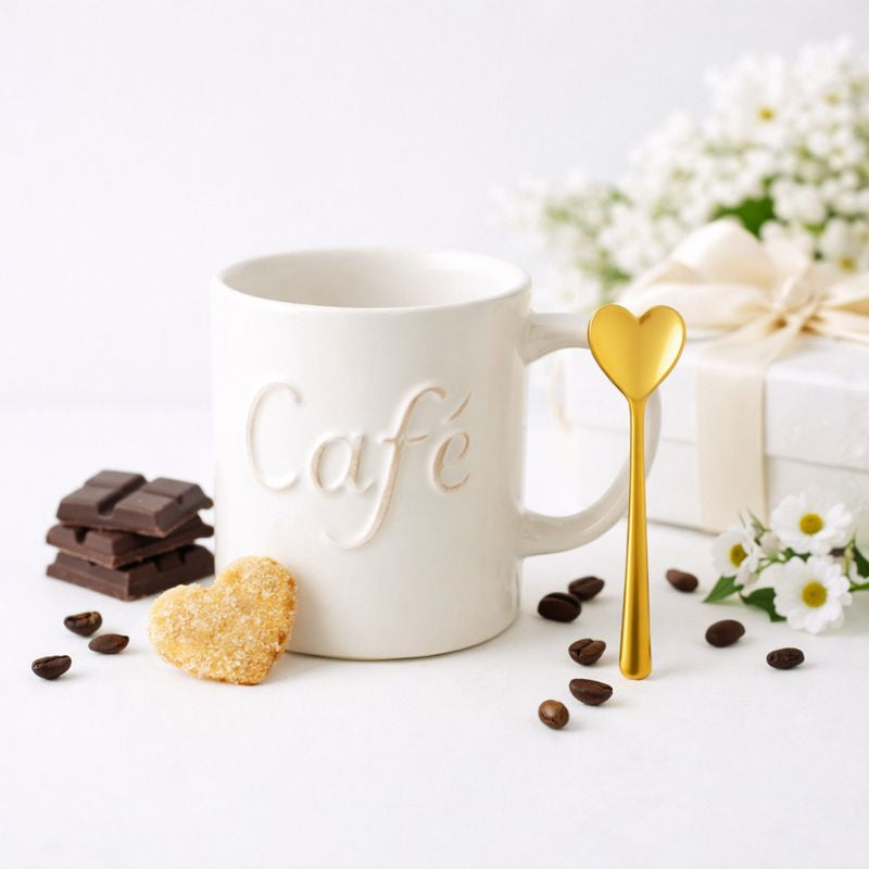 Caneca Café com Colher Dourada em Forma de Coração